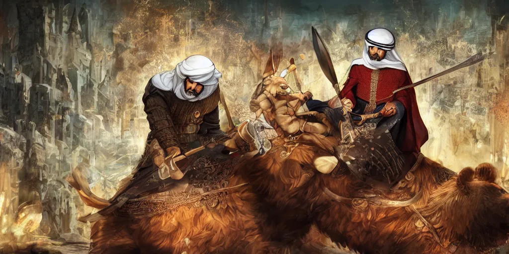 Image similar to sheikh mohammed ruler of dubai, medieval, human, village, berserk anime background, cooking a big bear, detailed features, concept art, pop art, illustration, smooth, sharp focus, intricate, 4 k