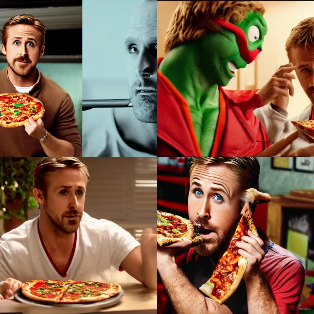 Prompt: Ryan Gosling ninja turtle eating pizza , 4k, cinema ,