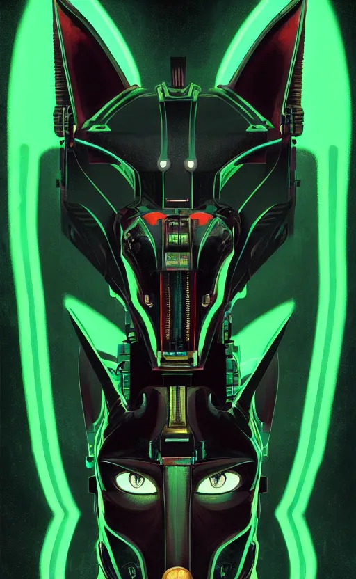 Prompt: poster style, a beautiful and terrifying painting with high details a digital portrait of cyber anubis with robotic jackal head in style of green neon, cyber noir, movie atmosphere, movie lights, 8 k, light effect, rtx on, trending on artstation, by kilian eng, lee madgwick, bastien lecouffe - deharme