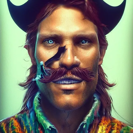 Prompt: Photorealistic cowboy with an animal bat as his moustache. Hyperdetailed photorealism, 108 megapixels, amazing depth, glowing rich colors, powerful imagery, psychedelic Overtones, 3D finalrender, 3d shading, cinematic lighting, artstation concept art