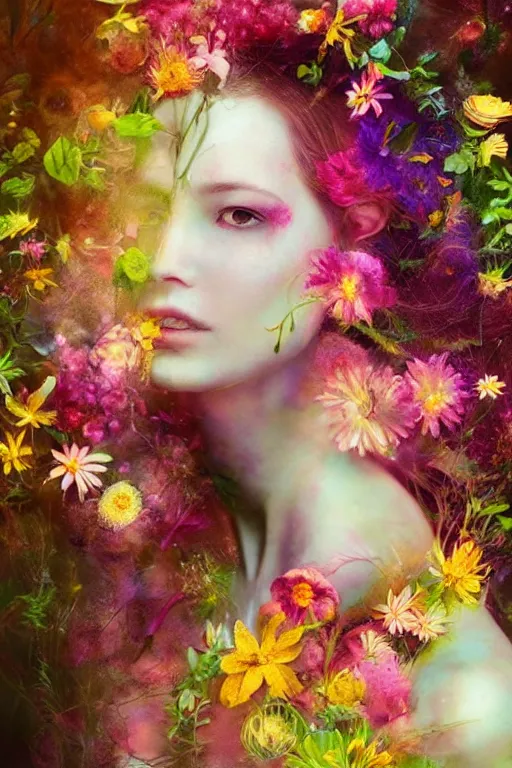 Image similar to closeup, woman with flowers in her hair, a colorized photo by Ryohei Hase, trending on cgsociety, psychedelic art, made of flowers, photo taken with provia, multiple exposure