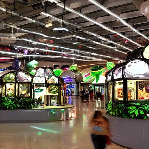 Image similar to extraterrestrial food court at mall on another planet, Jim Henson creature shop, highly detailed