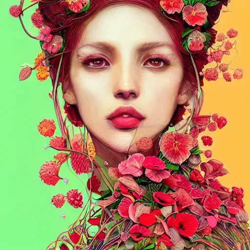 Image similar to the portrait of an absurdly beautiful, graceful, elegant, sophisticated, fashionable woman made of strawberries and green petals focusing hard, an ultrafine hyperdetailed illustration by kim jung gi, irakli nadar, intricate linework, bright colors, octopath traveler, final fantasy, unreal engine 5 highly rendered, global illumination, radiant light, detailed and intricate environment