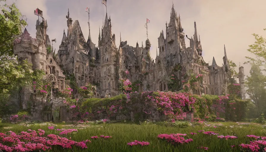 Prompt: Destroyed Neo-Gothic castle covered by flowers in a middle of a plain, hyperdetailed, artstation, cgsociety, 8k