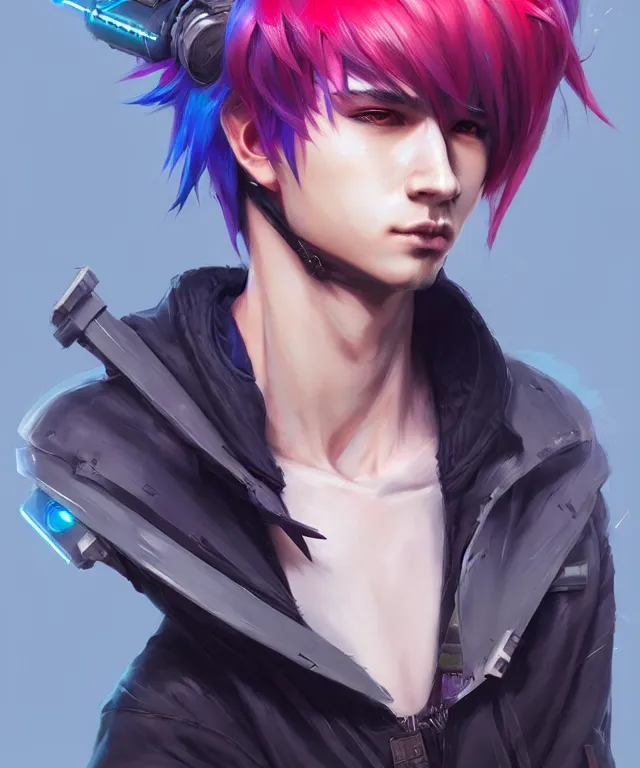 Prompt: character concept art of a cute cyberpunk boy with colorful hair and wolf ears | | cute - fine - face, pretty face, key visual, realistic shaded perfect face, fine details by stanley artgerm lau, wlop, rossdraws, james jean, andrei riabovitchev, marc simonetti, and sakimichan, trending on artstation