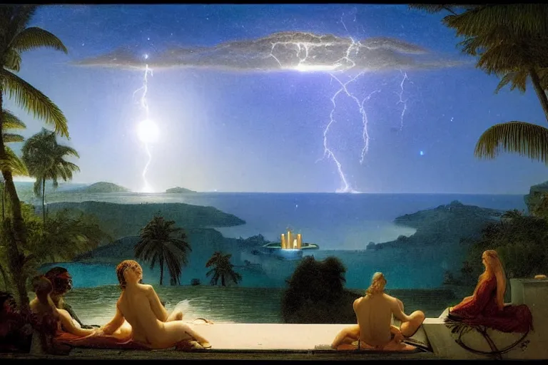 Image similar to The gazebo chalice, refracted moon sparkles, thunderstorm, greek pool, beach and Tropical vegetation on the background major arcana sky and occult symbols, by paul delaroche, hyperrealistic 4k uhd, award-winning, very detailed paradise