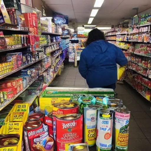 Image similar to crowded bodega filled with groceries, produce, cans, soda, lottery tickets, people and cigarettes with Hispanic customers and workers.