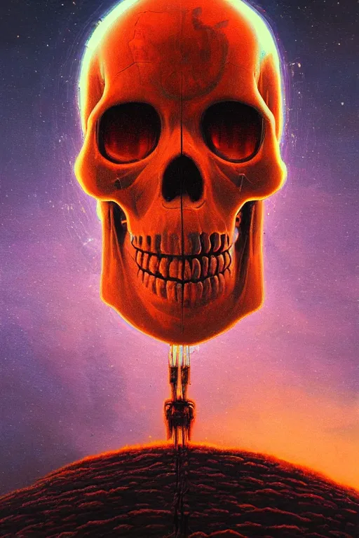 Image similar to 4K Indigenous cyberskull portrait inspired in beksinski and dan mumford work, remixed with Simon Stalenhag work, sitting on the cosmic cloudscape