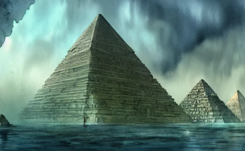 Prompt: a realistic and atmospheric watercolor concept art from howl's moving castle ( 2 0 0 4 ) of an egyptian pyramid complex underwater with jungle surrounding it. sci - fi white skyscrapers in the background. very dull muted colors, hd, 4 k, hq