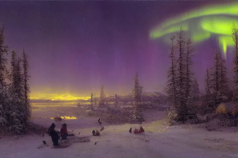 Prompt: beautiful nature, winter, night, norhtern lights, aurora borealis, hyperdetailed, focused, cinematic lighting, oil painting, colorful, canvas, artstation, Albert Bierstadt, Hans Dahl, Theodor Kittelsen, Hermann Hendrich, Konstantin Yakovlevich Kryzhitsky