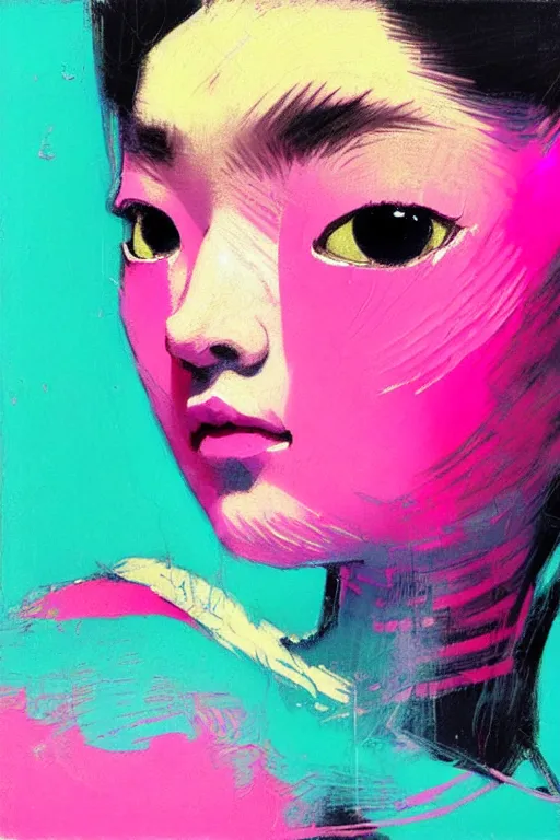 Image similar to portrait of a stylized japanese young geisha, painted in acrylic, pigment textures, in the colors hot pink and cyan, beautiful realistic face, rule of thirds, spotlight, by greg rutkowski, by jeremy mann, by francoise nielly, by van gogh, by ross tran, in focus