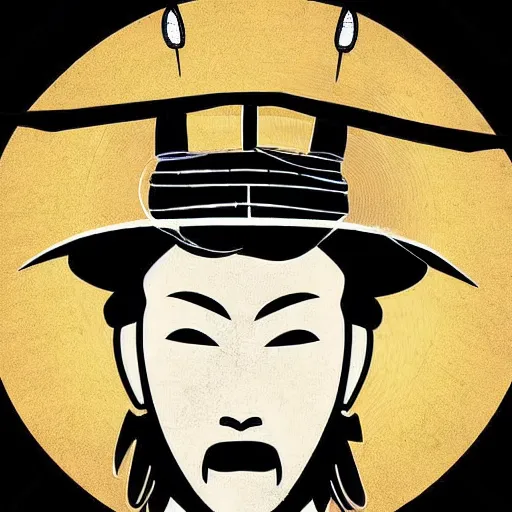 Image similar to a detailed dramatic digital art of a samurai wearing a birthday hat