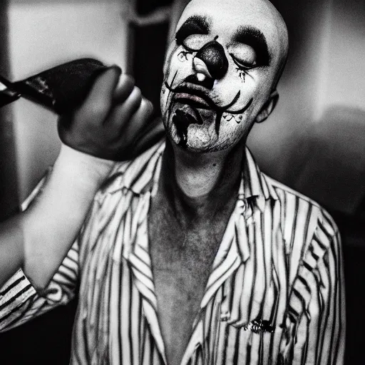 Image similar to an old 5 0 mm close up portrait of a man putting on clown makeup in a dark foggy alley