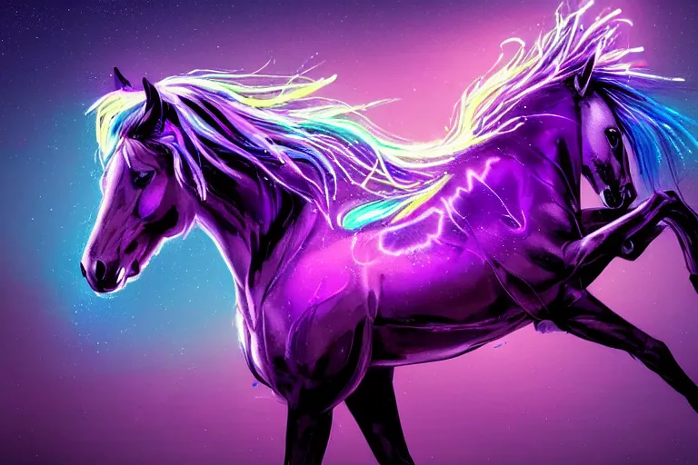 Image similar to a stunning horse with bioluminescent mane and tail running in the sky by sandra chevrier and greg rutkowski, neon hooves, purple blue color scheme, vaporware, retro, outrun, high key lighting, volumetric light, digital art, highly detailed, fine detail, intricate, ornate, complex, octane render, unreal engine, photorealistic