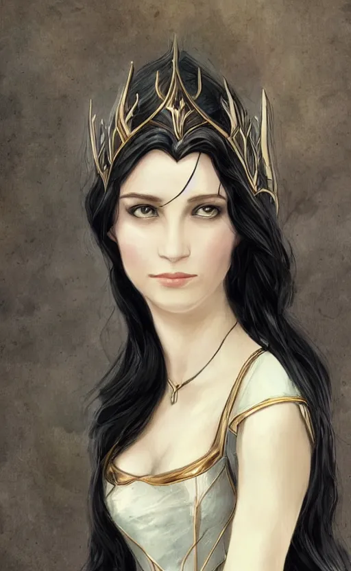 Image similar to luthien, princess of doriath, fairest maiden to have ever lived, stunningly beautiful, black hair, elven, portrait, artstation, wonderful lighning