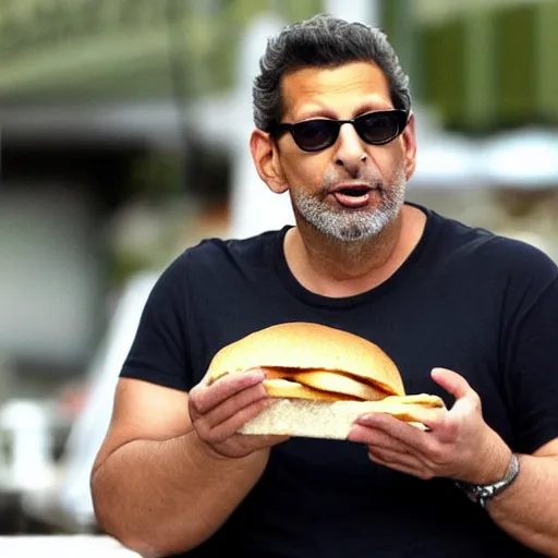 Prompt: fat Jeff Goldblum eating a sandwich