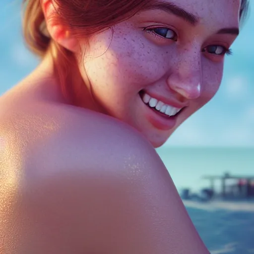 Image similar to portrait of a cute thin young woman, red blush, cute freckles, smug smile, modern clothes, relaxing on the beach, golden hour, close up shot, 8 k, art by irakli nadar, hyperrealism, hyperdetailed, ultra realistic