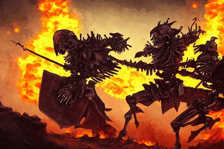 Image similar to skeleton knights spontaneously combusting, digital painting, mixed media, trending on artstation and deviantart, epic composition, centered, sharp focus, magnum opus, highly detailed, 8 k