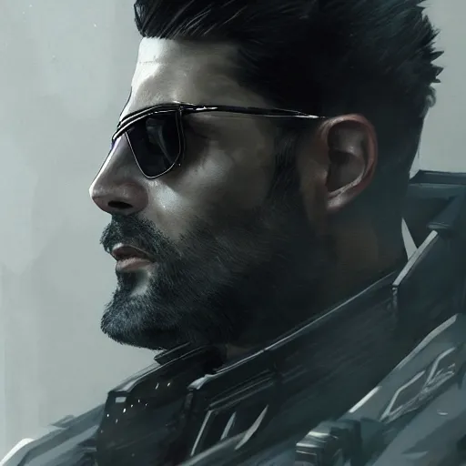 Image similar to Adam Jensen from Deus Ex as Gigachad, by Cedric Peyravernay, highly detailed, hyperealism, dramatic, cinematic concept art, dramatic lighting, trending on ArtStation