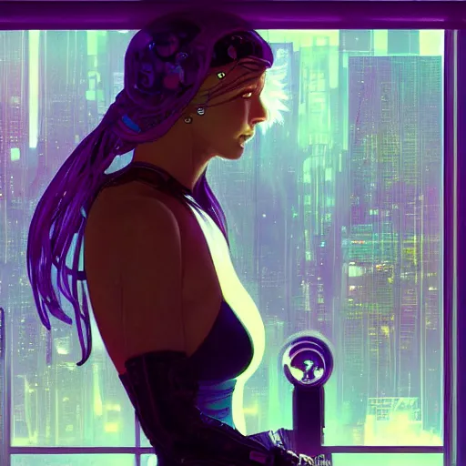 Prompt: portrait of cyberpunk woman looking out of a window, cyberpunk setting, futuristic, highly detailed, intricate lighting, digital painting, sharp focus, illustration, trending on artstation, art by alphonse mucha.