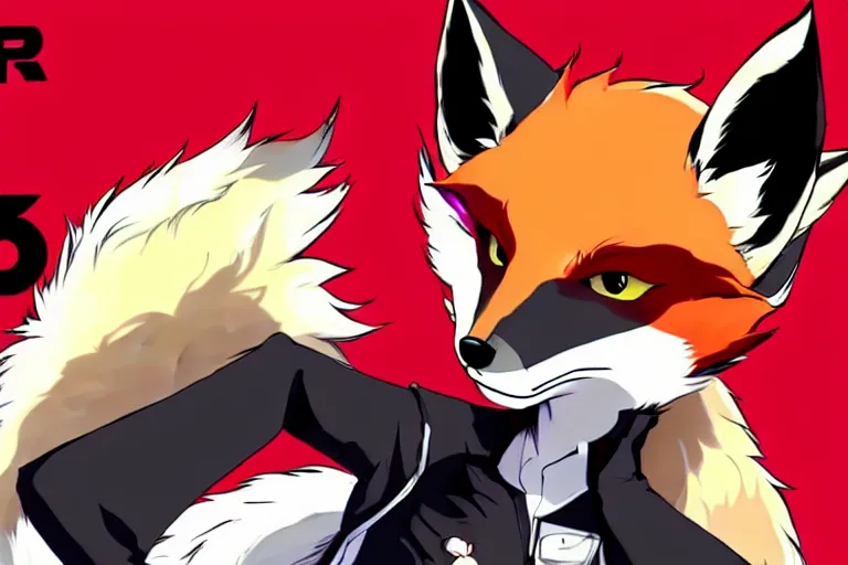 Image similar to a furry tan male fox on a persona 5 : royal ( by atlus ) video game splash screen, a furry male sandcolored tan fox fursona ( has hair ), persona 5 phantom thief style