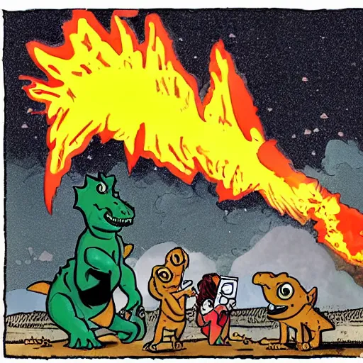 Prompt: a newspaper cartoon with dinosaur characters looking into their phones as a flaming comet lights up the sky