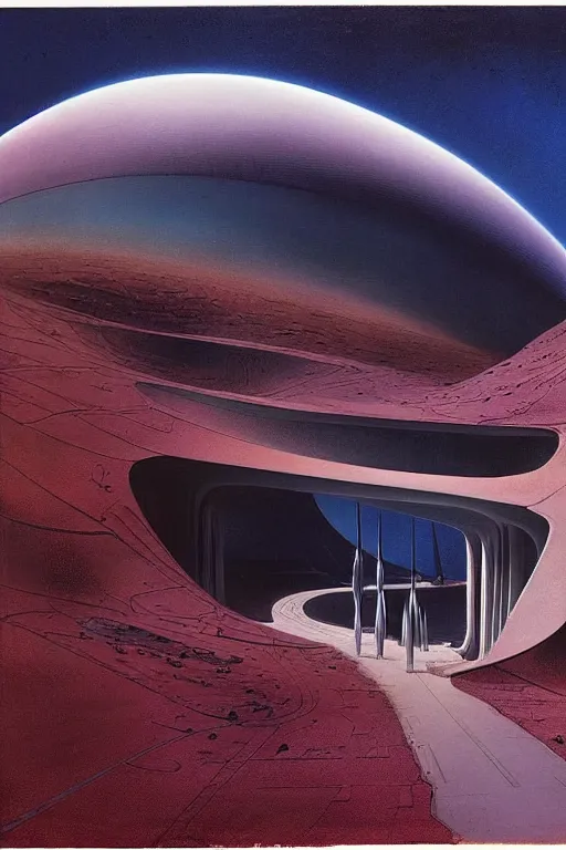 Image similar to emissary space by author haas and bruce pennington and john schoenherr, cinematic matte painting in a desert wasteland, zaha hadid building, dark color palate