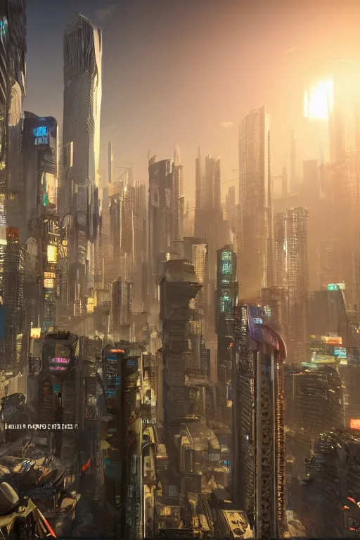 Image similar to cyberpunk cityscape like tokyo nework with tall buildings at dusk golden hour cinematic lighting, epic composition. A golden daylight, hyper-realistic environment. Hyper and intricate detail, photo-realistic. Cinematic and volumetric light. Epic concept art. Octane render and Unreal Engine, trending on artstation