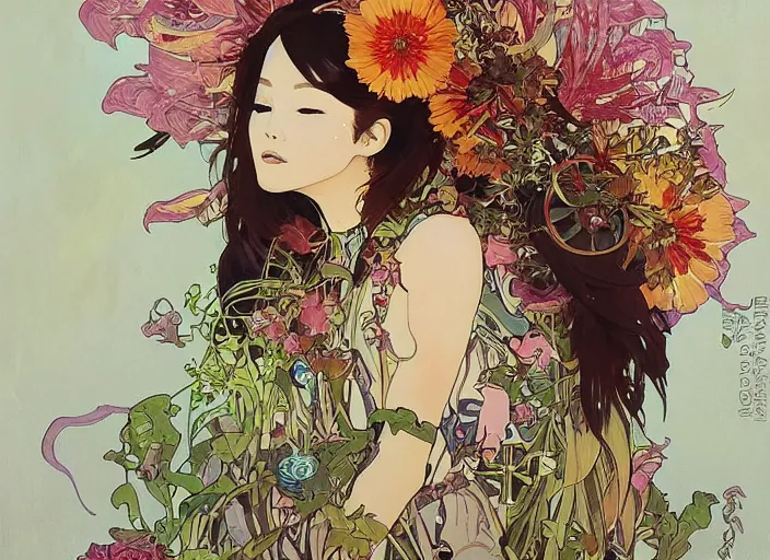 Image similar to oil painting, long shot, beautiful floralpunk iban bio mechanical female illustration detailed patterns art of sarawak traditional dress, flower pop art, floral splash painting, art by ashley wood, alphonse mucha, makoto shinkai, geof darrow, dark shadow