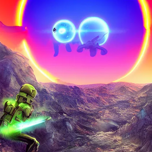 Prompt: Two aliens engaged in battle on a mountaintop, in front of a giant sunset with two suns, cool neon colors, cell shaded