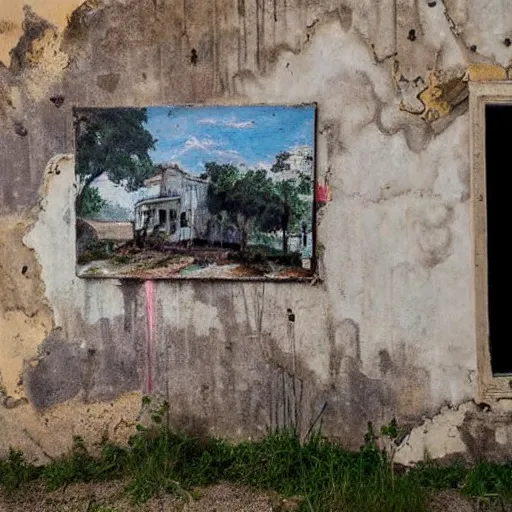 Image similar to fantastic painting intact on wall of a dilapidated war torn house