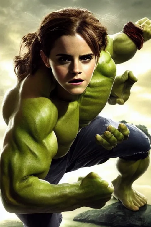 Image similar to emma watson as hulk, hyper realistic