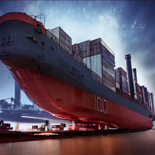 Image similar to photo of Immense industrial futuristic cargo ship arrives at cyber punk city sea port, cinematic lighting, photo