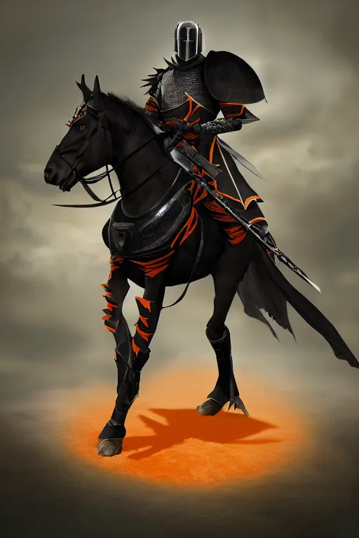 Image similar to a digital photograph of one african american knight in heavy black parmor with thin dull orange trim, wearing a black elegant cape flowing in the wind, the knight holds a black sword in one hand, riding a black horse with mechanized spiked armor, extremely detailed, extremely realistic, no bodily flaws, unreal engine, concept art, 8 k