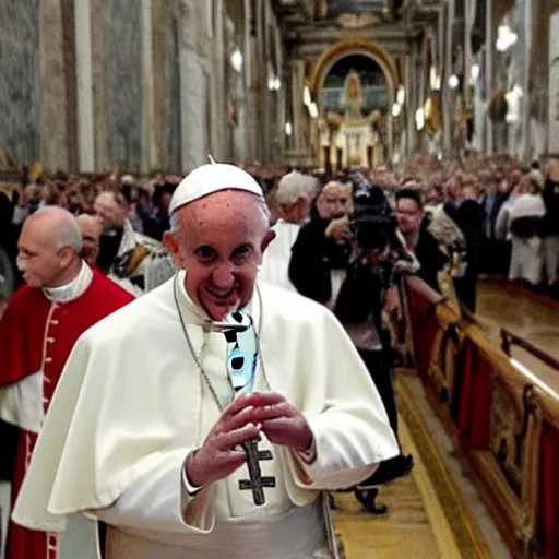 Prompt: a photo of the pope on roller skates in the vatican