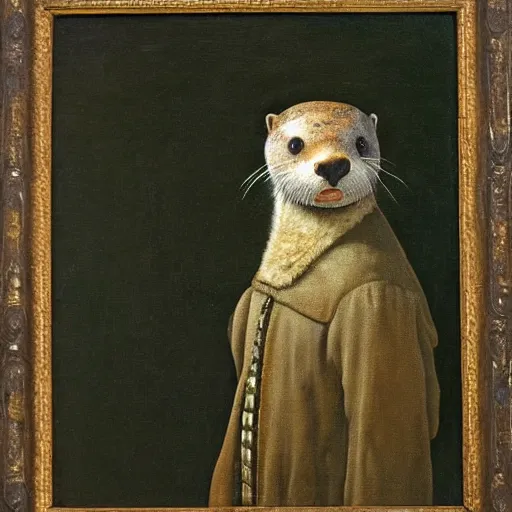 Prompt: oil painting of an anthropomorphic otter in military uniform, amazing detail, painted by johannes vermeer