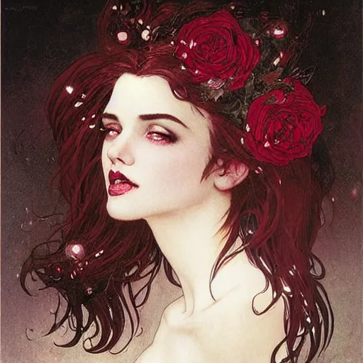 Image similar to portrait of a menacing beautiful vampire, head only, headshot, detailed and clear eyes and mouth, blinding white hair, roses scattered everywhere, by Stanley Artgerm Lau , greg rutkowski, thomas kindkade, alphonse mucha, loish, norman rockwell, J. C. Leyendecker. hair waving in the wind, pale skin, sinister complexion, thorn crown, image bordered by thorns, thorn background. D&D, fantasy. Trending on artstation rule of thirds extremely detailed illustration hd 4k