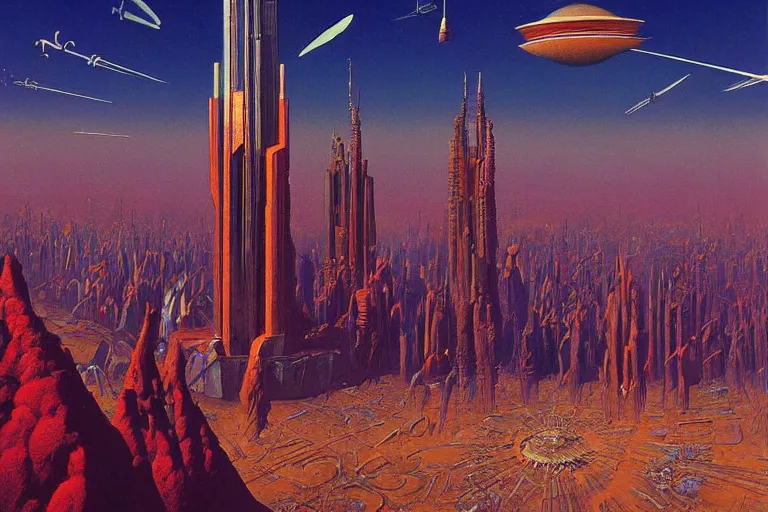 Image similar to cloisonnism painting of megacity 1 from judge dredd megacity 1 from judge dredd in no mans sky no mans sky | masterpiece moebius syd mead bekskinski