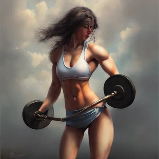 Image similar to painting of a very beautiful girl with muscles lifting weights, by tom bagshaw, greg rutkowski, wlop