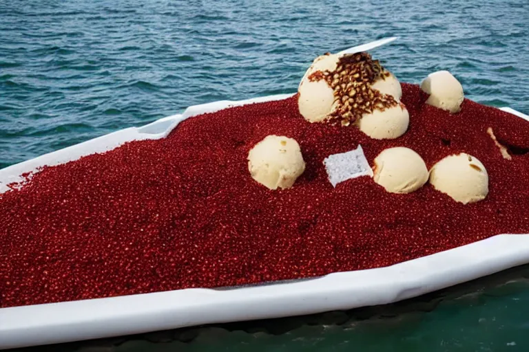 Image similar to an island made of food, around the island instead of water coca - cola ( dark brown ), instead of sand red caviar, instead of mountains ice cream with cherries, photo taken from a boat, 3 5 mm, cinematic