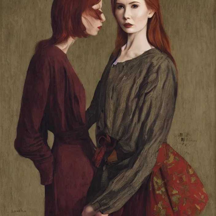 Prompt: a portrait of karen gillan, slight smile, dramatic, dark background, by albert edelfelt, by lauren brevner, by lizzie riches