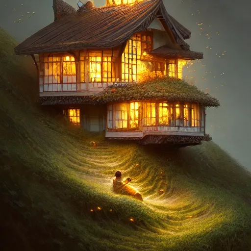 Prompt: small hillside house made of honey and milk, modern lighting, hyper - realistic, hyper - detailed, 8 k, octane rendered, art nouveau, organic, flowing, impossible torsion, writhing, dusk, lush, dynamic, in the style of ross tran and jean baptiste monge