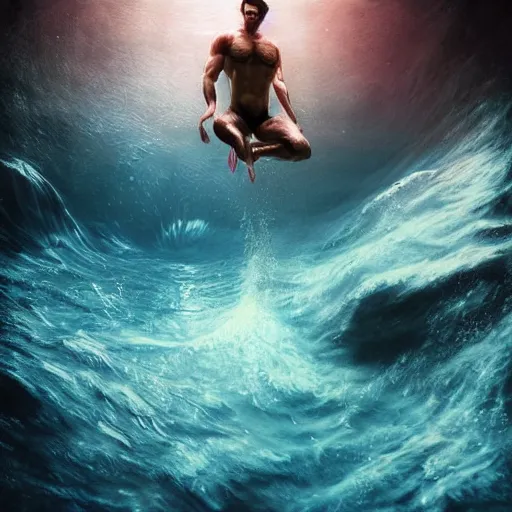 Prompt: a beautiful hyperrealistic hyperdetailed fantasy portrait underwater of a fit muscular man swimming underwater with long flowy curly black hair, by stalenhag and tom bagshaw, dynamic swimming pose, at a distance, 8 k, cryengine, arms reaching out toward camera, full body pose