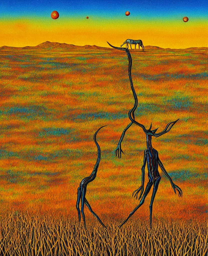 Prompt: gigantic long - legged surreal creature on the great wild plains, hd photograph painting surreal trippy an open space, sharp focus highly detailed, grainy 3 5 mm vintage pop art texture, golden hour lighting, huge vicious organism, centerpiece horizon vast biodiverse valley, painted by a child with colorful pastel oils