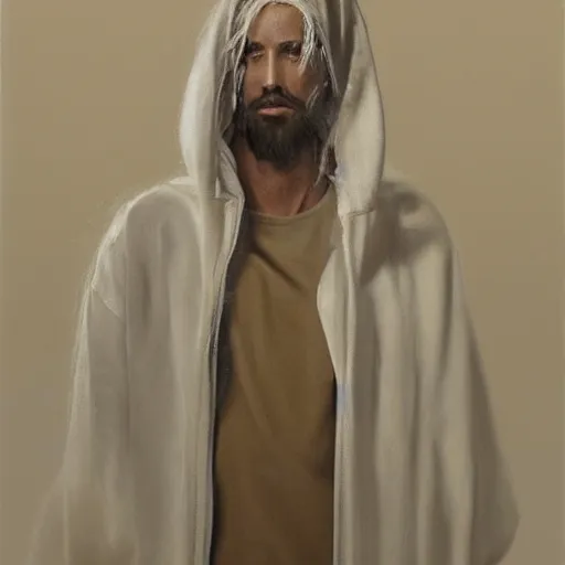 Prompt: a full body portrait of modern day jesus wearing cream fear of god menswear collection by nicola samori, hat and hoodie, detailed, oil painting, hyper realistic, 8 k, yeezy collection