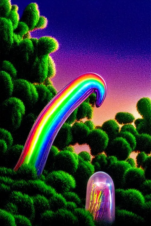 Prompt: a hyperrealistic detailed image of a fiberoptic light rainbow colored iridescent transparent creature in the bushes of a suburban neighborhood on a sunset evening, depth perspective, depth of field, cinematic angle, by chris cunningham and richard corben, highly detailed, vivid color,