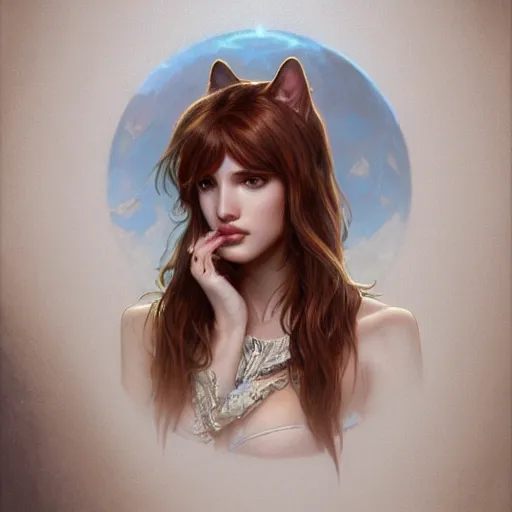 Image similar to ultra realistic illustration, bella thorne as a cat, intricate, elegant, highly detailed, digital painting, artstation, concept art, smooth, sharp focus, illustration, art by artgerm and greg rutkowski and alphonse mucha