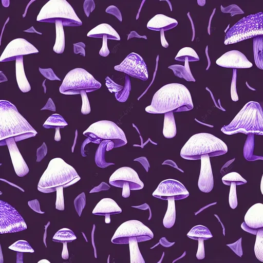 Prompt: mushrooms on a black background, purple internal glow, wallpaper, Illustration, Anatomical Drawing, Painting