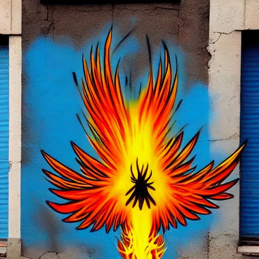 Prompt: Phoenix in fire, street art by bansky