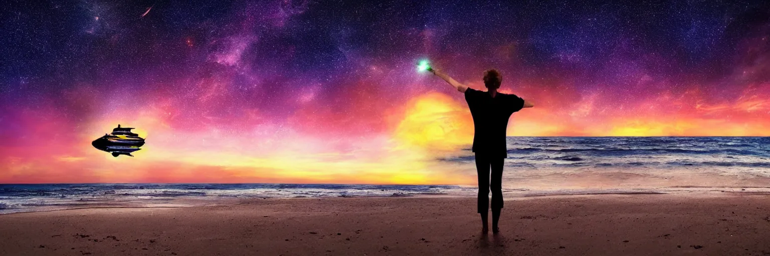 Image similar to a giant glowing spaceship floating in the ocean, an old soul standing on the beach overlooking, sunset and colorful sky with many stars